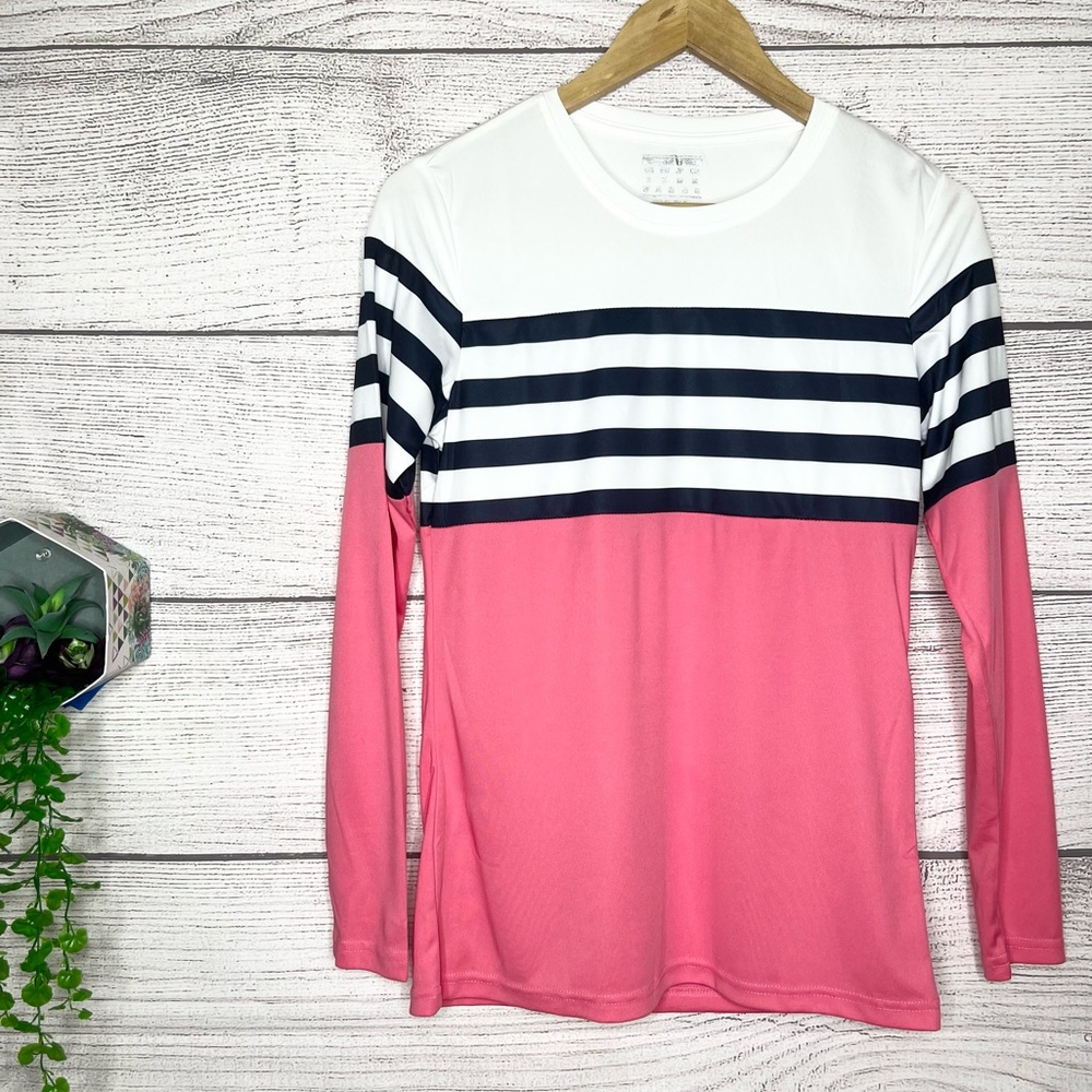 Pink Blue & White Striped Long Sleeve Outdoor Sun Shirt Top Size Small